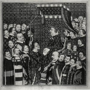 Louis II (1337-1410) Graaf van Clement, brengt hulde aan Karel V (1338-80) kopie van een 14e-eeuwse miniatuur