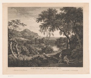 Landschap met schapenherder en twee figuren bij een poel door Francois Vivares