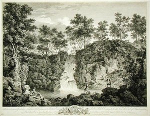 Uitzicht op een waterval in Bolton Park, Craven, Yorkshire, gepubliceerd 1753 (gravure) door Francois Vivarez