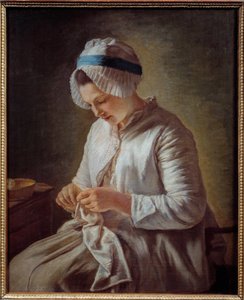 Portret van een vrouw die breit door Francoise Duparc