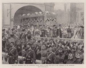 De processie van de tsaar van de Granovitaya Palata op weg naar de poort van de Kathedraal van de Ontslapenis