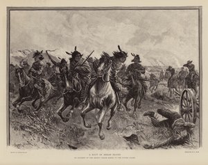 Een groep dappere krijgers tijdens een opstand van de inheemse Amerikanen (gravure)