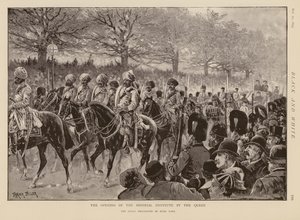 Koningin Victoria en de processie door Hyde Park om het Imperial Institute te openen (gravure) door Frank (after) Feller