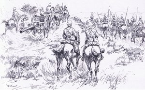De cavalerie en artillerie van Buller rukken op naar Bergendal, illustratie uit Na Pretoria: De Guerrillaoorlog, 1902 door Frank Algenon Stewart