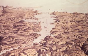 Panoramisch uitzicht op de noord- en zuidzijde van de haven en haven van Sebastopol, ontworpen en gelithografeerd door Thomas Packer, uitgegeven door Stannard en Dixon, 1855