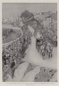 De tachtigste verjaardag van de koningin, Hare Majesteit rijdt door de triomfboog in Windsor door Frank Craig