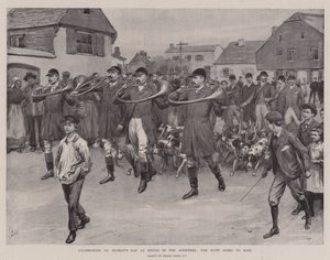 Viering van St. Hubertusdag in Bievre in de Ardennen, de jacht gaat naar de mis
