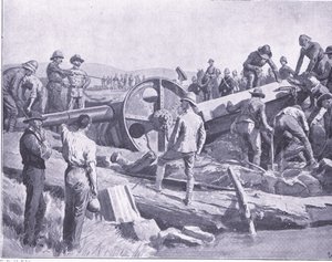 Een kanon over een nare plek krijgen, illustratie uit Na Pretoria: De Guerrillaoorlog, 1902 door Frank Dadd