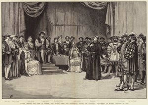Luther voor de Rijksdag in Worms, 1521, scène uit het historische drama van Luther, uitgevoerd in Worms, 30 oktober 1883
