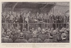 Het eerbetoon van de stad aan de Sirdar, de burgemeester die een erezwaard overhandigt aan Lord Kitchener in de Guildhall