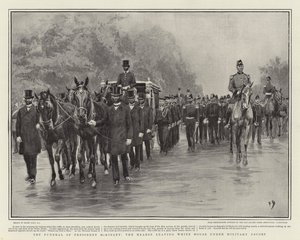 De Begrafenis van President McKinley, de Lijkwagen verlaat het Witte Huis onder Militaire Begeleiding