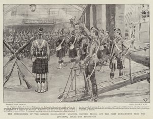 De Thuiskomst van de Gordon Highlanders, Kolonel Mathias ziet het Eerste Detachement vertrekken van de Liverpool Docks naar Edinburgh
