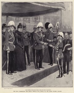 De koning presenteert de Zuid-Afrikaanse Oorlogsmedaille op de Horse Guards Parade door Frank Dadd