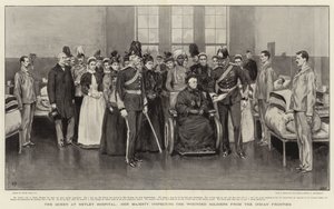 De koningin in Netley Hospital, Hare Majesteit inspecteert de gewonde soldaten van de Indiase grens door Frank Dadd