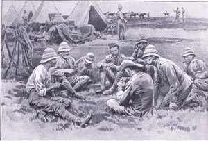 Vermoeide soldaten genieten van een rust, uit After Pretoria: The Guerilla War gepubliceerd door Harmsworth Bros Limited, 1901