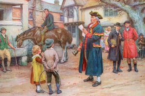 Stadsomroeper leest het nieuws, ca. 1925 (zeefdruk)