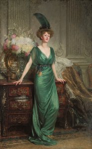 Portret van de Hon. Mrs. Ernest Guinness, Staand, met een Smaragdgroene Jurk en Veer, 1912 door Frank Dicksee
