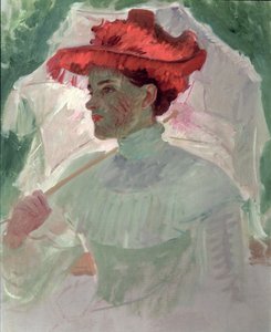 Vrouw met rode hoed en parasol door Frank Duveneck