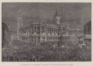 Het bezoek van de koningin aan Birmingham, verlichting van het stadhuis en kunstgalerij