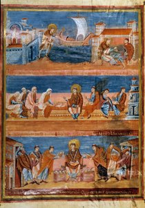 Sint Hiëronymus verlaat Rome en betaalt zijn leraar in Jeruzalem (boven), werkt met zijn schrijvers (midden) en verspreidt de Vulgaat (onder). Miniatuur in 
