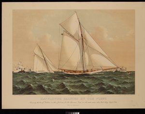 Mayflower begroet door de Vloot. Kruist de boeg van Galatea in haar eerste race voor de America