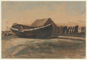 Boot op een strand, Le Tréport, 1854 door François Bonvin