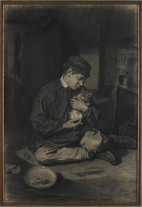 Zittende jongen met een kat (recto); Studie van kittens en een bord melk (verso), c. 1874-80
