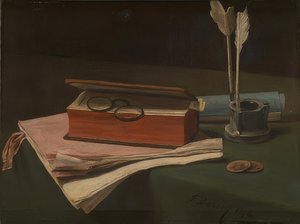 Stilleven met boek, papieren en inktpot