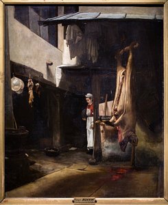 Het varken of het interieur van een werf met een gevild varken