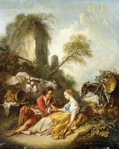 Een pastoraal landschap met een herder en herderin zittend bij ruïnes