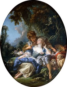 Een herder en een herderin in een bosrijk landschap door François Boucher