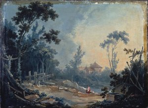 Een bebost landschap met gebouwen in de verte door François Boucher
