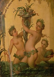 Detail van sirenen met een hoorn des overvloeds van de staatskoets van Peter de Grote, ca. 1724 door François Boucher
