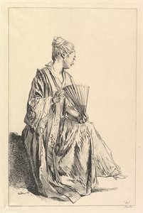 Zittende vrouw, profiel naar rechts, spelend met een waaier, 1720-70 door François Boucher