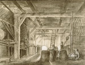 Interieur van een schuur met een familie van kuipers
