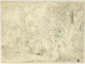 Herderinnen en jonge man die doedelzak speelt door François Boucher