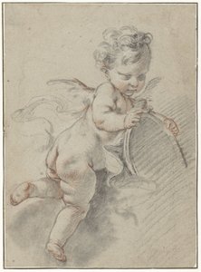 Zwevende putto met een toiletspiegel door François Boucher
