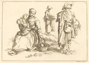 Zittende moeder en kind, twee staande boeren