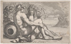 Riviergoden rustend voor een zeelandschap, 1651-82 door François Bourlier