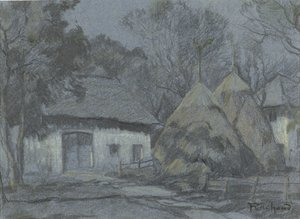 Hooibergen bij een boerenhuis bij maanlicht
