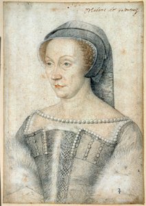 Portret van Diane de Poitiers, Hertogin van Valentinois (1499 - 1566). Tekening met zwarte steen en rood krijt door Francois Clouet (1515-1572)