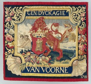 Kussenblad met een symbolische voorstelling en het wapen van Voorne