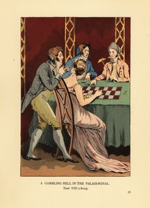 Modieuze Incroyables in hoogkraagjassen aan een goktafel met jonge vrouw en croupier. Een gokhel in het Palais Royal, Jaar VIII