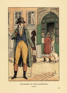 Modieuze heer voor de ingang van de Passage du Perron, Palais Royal. Hij draagt een hoed, das, jas, vest, kniebroek en laarzen. De Perron van het Palais Royal, Parijs door François Courboin