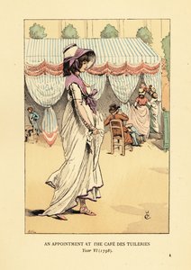 Modieuze vrouw die aankomt voor een afspraak in het Café des Tuileries, Parijs, Jaar VI door François Courboin