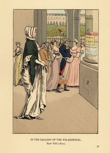 Modieuze vrouw wandelend door de galerij van het Palais Royal, Parijs, Jaar VIII door François Courboin