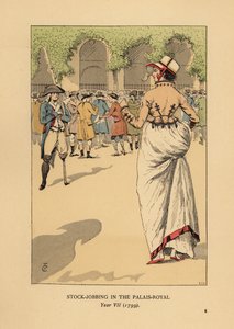 Modieuze vrouw met een groep speculanten of agioteurs, Parijs. Een eenbenige revolutionaire soldaat staat op wacht. Beursactiviteiten in het Palais Royal, Jaar VII door François Courboin