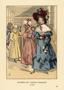 Modieuze vrouwen bij een toneelstuk, Parijs. Vrouw in grote hoed met linten, jurk met hoge kraag, kanten cape of pelerine en volle mouwen en beret. Binnenkomst bij de Comedie Francaise door François Courboin