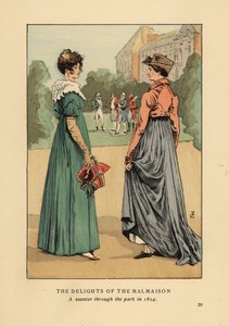 Modieuze vrouwen genieten van de geneugten van Chateau de Malmaison. Een wandeling door het park in 1804. Handgekleurde lithografie door R.V. naar een illustratie van Francois Courboin uit Octave Uzanne