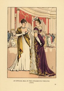 Modieuze vrouwen in baljurken en tulbanden in een theater. Een officieel bal in het Strasbourg Theater door François Courboin